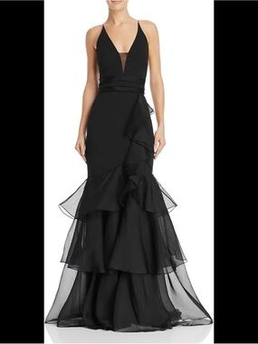 NEW Black Formal Ruffled V-Neck Dress with Sheer Inset